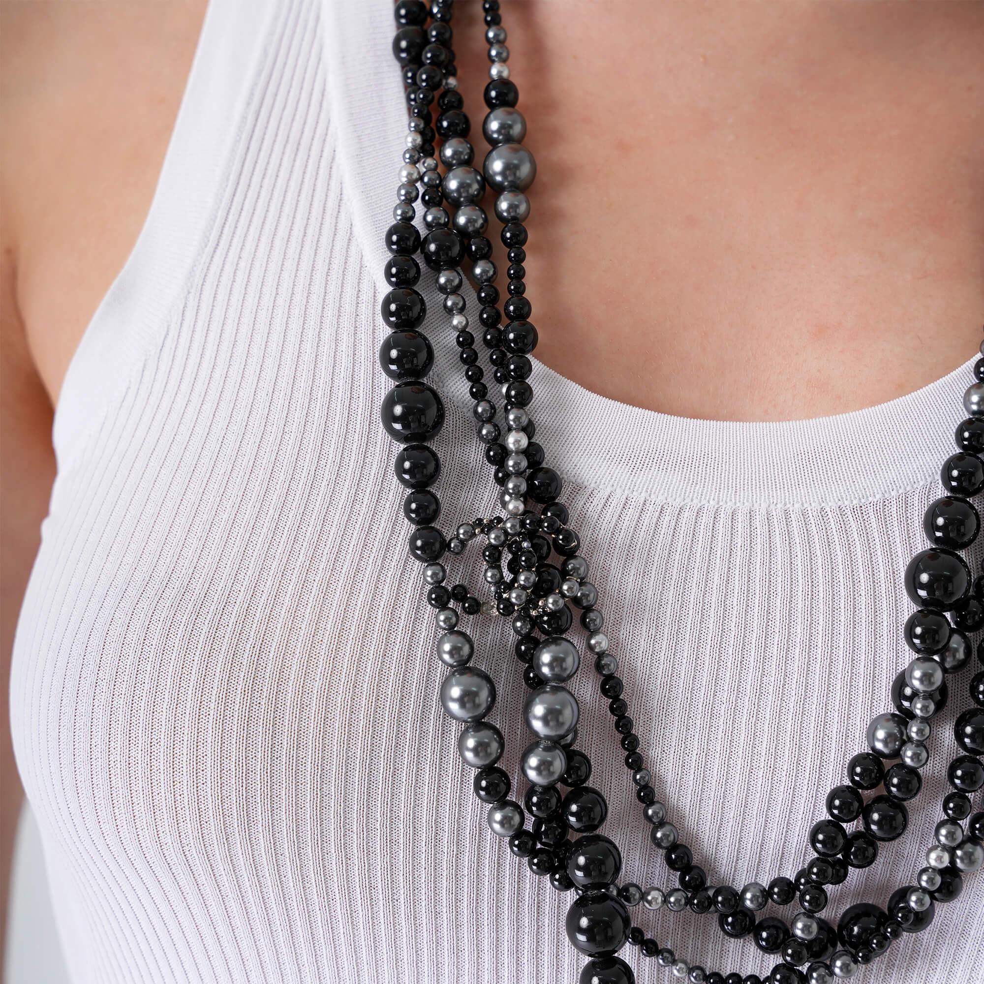 Chanel - Black and Metallic Silver Beads Long Necklace 